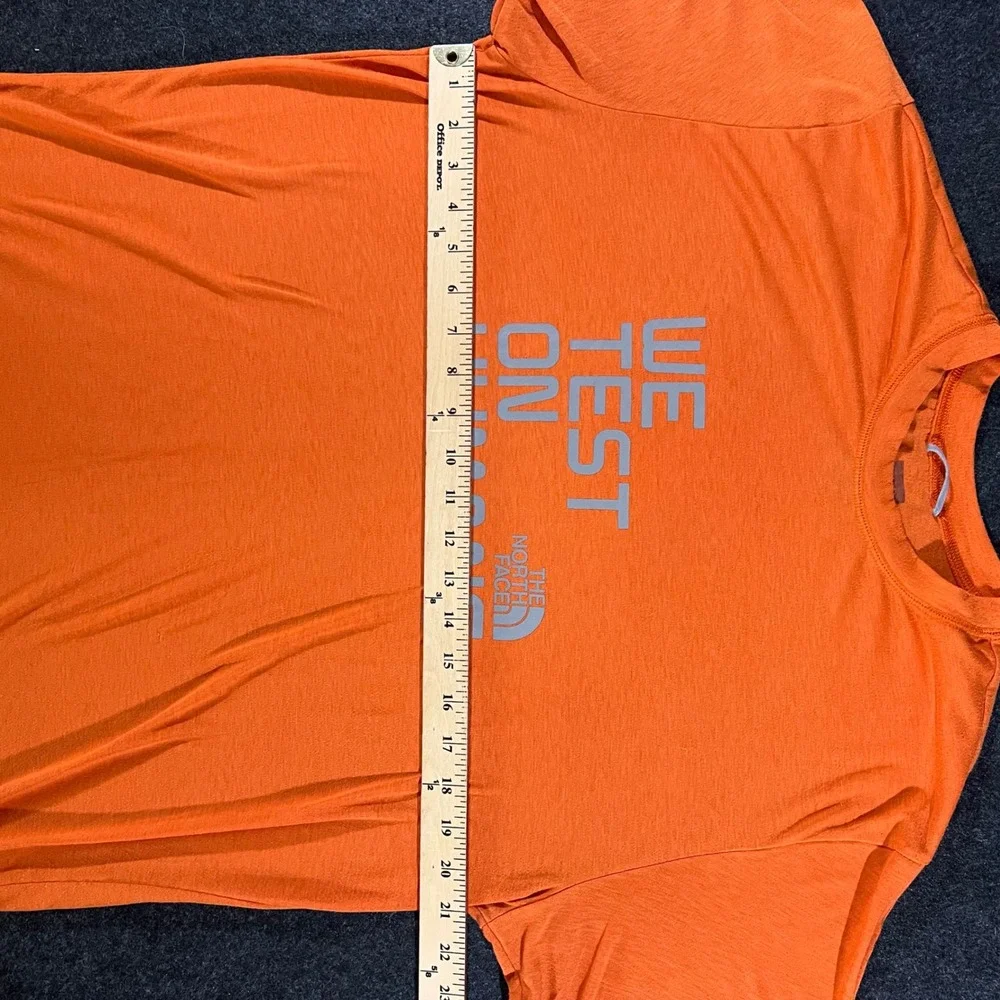 The North Face We Test On Humans Shirt Mens L Orange Graphic Tee Hiking